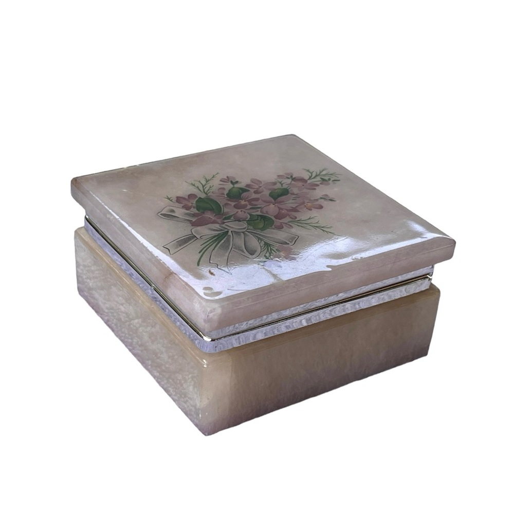 ITALIAN GENUINE ALABASTER TRINKET BOX HAND CARVED